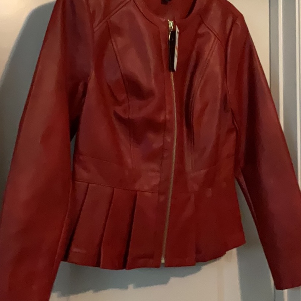 INC International Concepts faux Red Leather Jacket Peplum Style - Picture 6 of 10